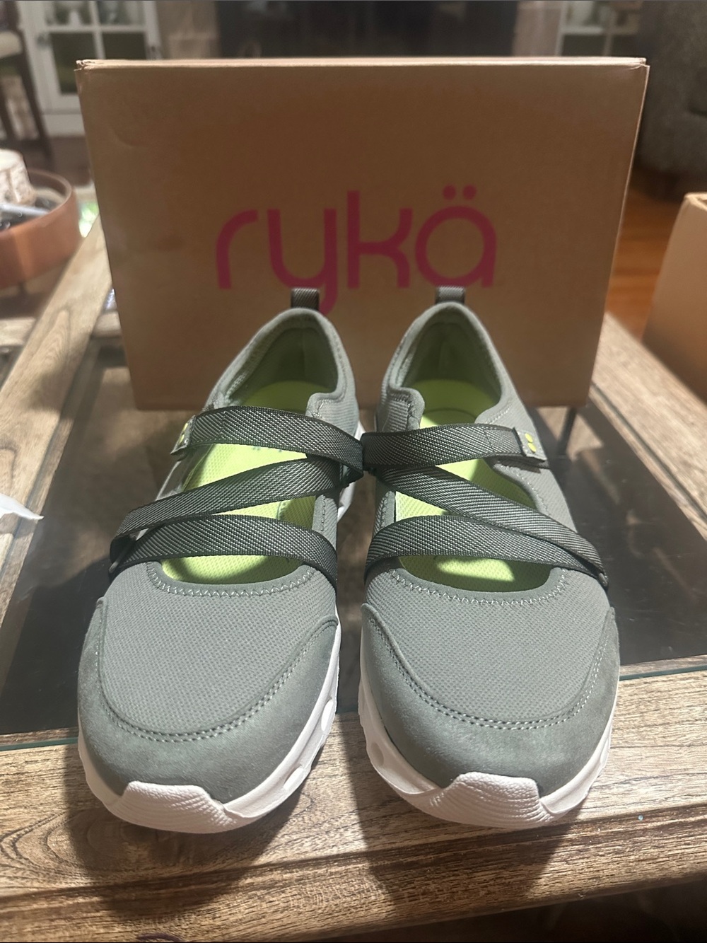 Ryka Olive Green Slip-On Athletic Mary Jane Sneakers with Neon Lime Accents New